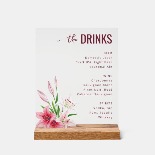 Verfijnd Grijs Bloemendrankmenu Acryl Bord (Voorkant)