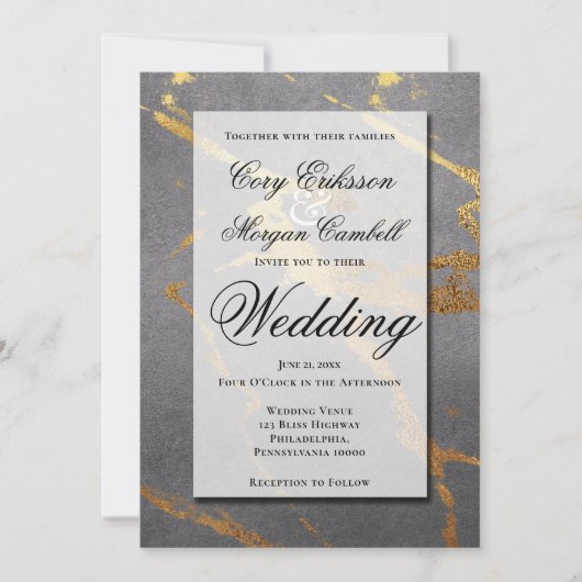 Verfijnd grijs met goud marmerend bruiloftstafella aankondiging (Voorkant)