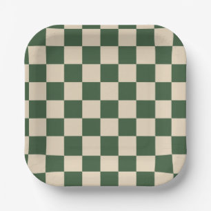 Verfijnd groen en crèmekleurig geruit patroon papieren bordje