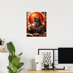 Verfijnd kat drinkt koffie muurkunst poster