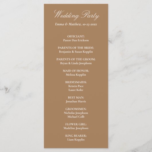 Verfijnd klassiek script Golden Brown Wedding Programmakaart (Achterkant)