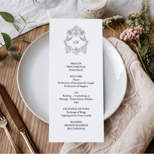 Verfijnd klassiek script zwart-wit huwelijk programmakaart