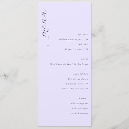 Verfijnd Lavendel Minimalistisch Trouwmenu Menu (Voorkant)