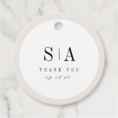 Verfijnd minimalistisch trouwfeest met monogram bedankjes labels (Voorkant)