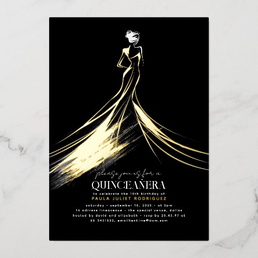 Verfijnd Modern Zwart Elegant Quinceanera Folie Uitnodiging (Voorkant)