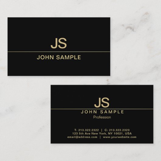 Verfijnd Modern Zwart en Goud Monogram Luxe Visitekaartje (Voorkant / Achterkant)