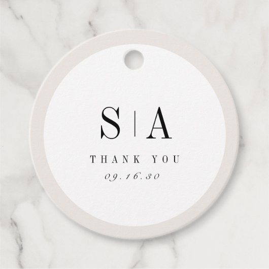 Verfijnd monogram minimalistisch bruiloft bedankjes labels (Voorkant)