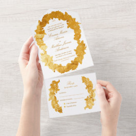 Verfijnd namaakfolie-script gouden barokke bruilof all in one uitnodiging