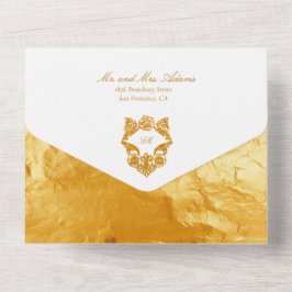 Verfijnd namaakfolie-script gouden barokke bruilof all in one uitnodiging