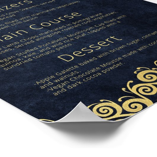 Verfijnd Navy Blue & Gold Swirls Bruiloft Menu Poster (Hoek)