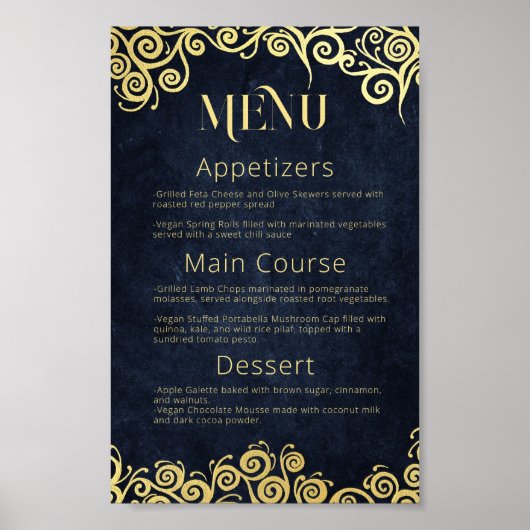 Verfijnd Navy Blue & Gold Swirls Bruiloft Menu Poster (Voorkant)