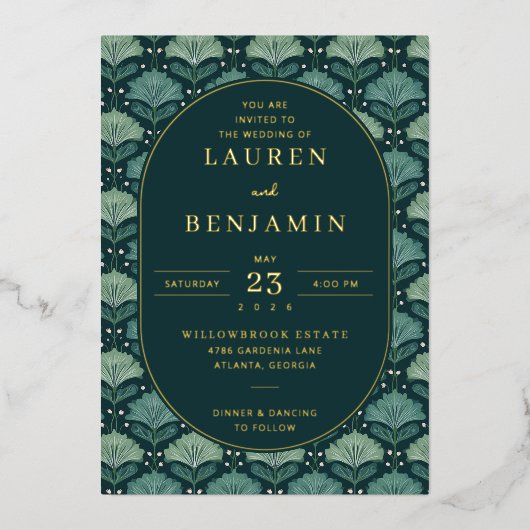 Verfijnd Navy Botanisch Blad Folie Uitnodiging (Voorkant)