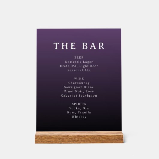 Verfijnd Paars Gradiënt Bar Menu Acryl Bord (Voorkant)