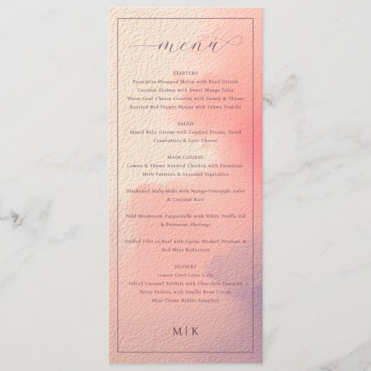 Verfijnd Perzik Watercolor Trouwmenu Menu (Voorkant)