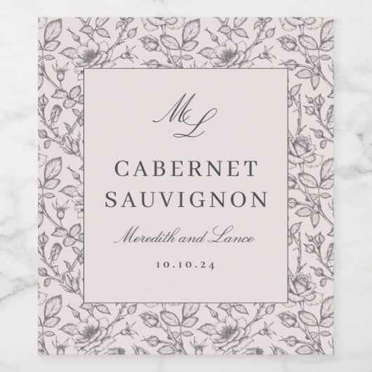 Verfijnd  Roos Roze Monogram Bruiloft Wijn Etiket (Enkel label)