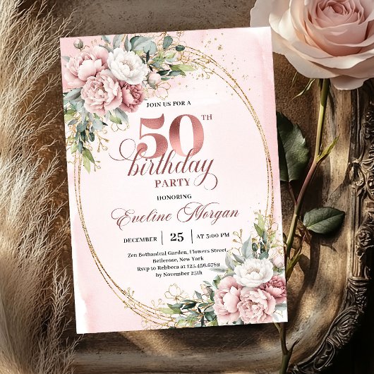 Verfijnd Roze Goud Groene 50e Verjaardagsuitnodigi Kaart