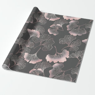 Verfijnd Roze Lijnkunst Ginkgo op Donkere Canvas Cadeaupapier