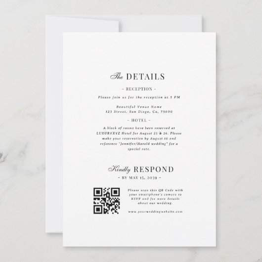 Verfijnd Script Wit QR-code Details Bruiloft Kaart (Achterkant)