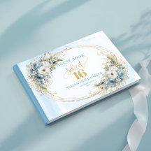 Verfijnd Stofblauw Bloemig Goud Sweet 16 Inschrijf