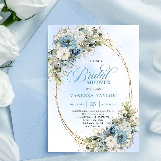 Verfijnd stoffig blauw gouden kader bruiloft feest kaart