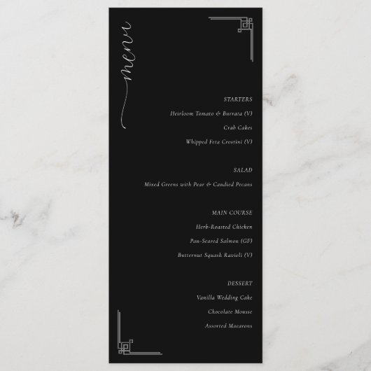 Verfijnd Zwart Minimalistisch Trouwmenu Menu (Voorkant)