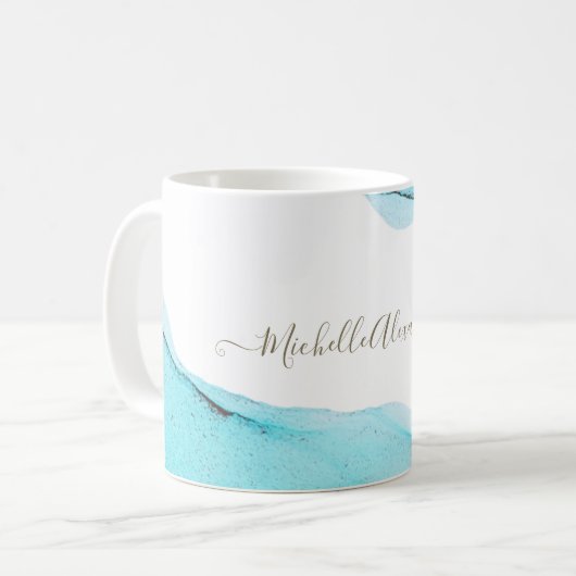 Verfijnde Abstracte Custom Turquoise Ink Art Koffiemok (Voorkant links)
