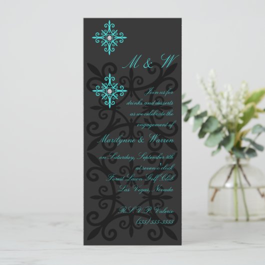 Verfijnde Black and Aqua Engagement Party Kaart (Staand voorkant)