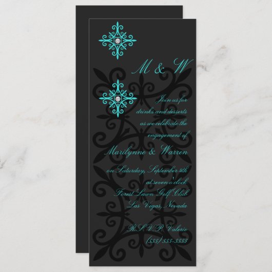 Verfijnde Black and Aqua Engagement Party Kaart (Voorkant / Achterkant)