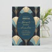 Verfijnde Blauwe en Gouden Art Deco Bridal Kaart (Staand voorkant)