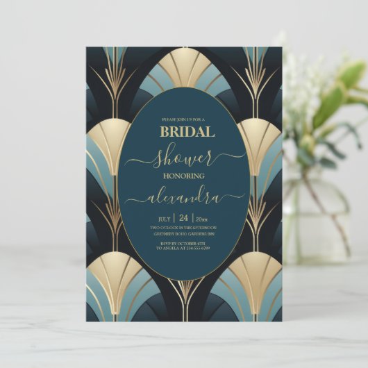 Verfijnde Blauwe en Gouden Art Deco Bridal Kaart (Staand voorkant)
