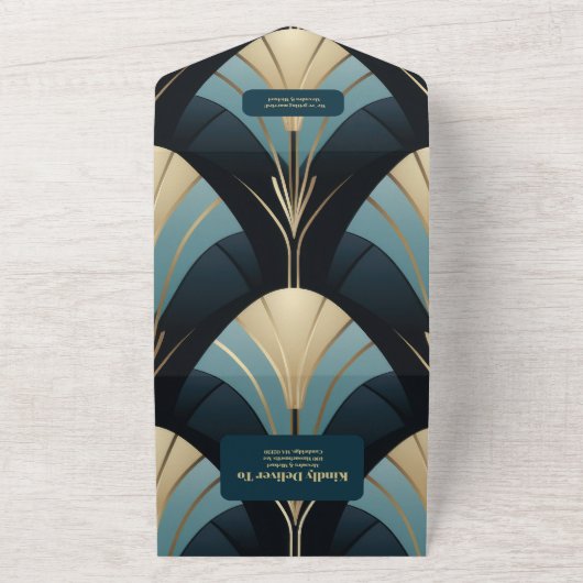 Verfijnde Blauwe en Gouden Art Deco Bruiloft All In One Uitnodiging (Buitenkant)