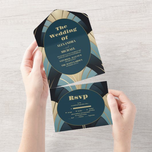 Verfijnde Blauwe en Gouden Art Deco Bruiloft All In One Uitnodiging (Afscheurbaar)