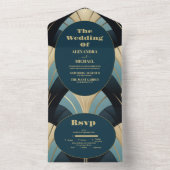 Verfijnde Blauwe en Gouden Art Deco Bruiloft All In One Uitnodiging (Binnen)