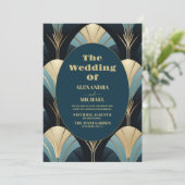 Verfijnde Blauwe en Gouden Art Deco Bruiloft Kaart (Staand voorkant)