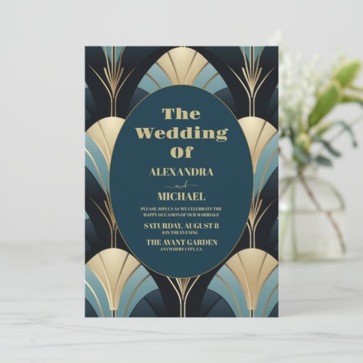 Verfijnde Blauwe en Gouden Art Deco Bruiloft Kaart (Staand voorkant)