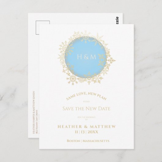 Verfijnde blauwe gouden wintersnowflake bruiloft briefkaart (Voorkant / Achterkant)