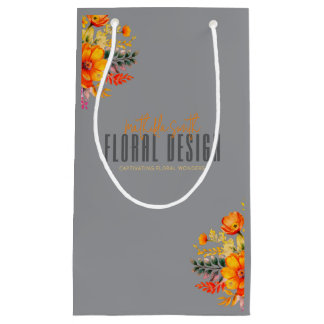 Verfijnde bloemdesign grijs oranje bloemen klein cadeauzakje