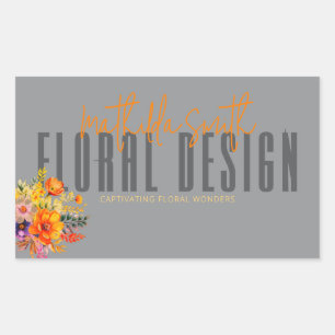 Verfijnde bloemdesign grijs oranje bloemen rechthoekige sticker
