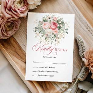 Verfijnde Blush Rozen Eucalyptus Gouden Trouw RSVP Kaartje