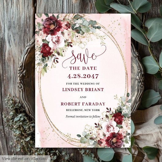Verfijnde Boho Maroon Blush Goud Bloemige Bewaar d Kaart