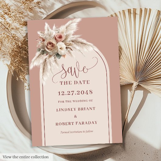 Verfijnde Boho Stof Roze Bloem Save the Date Kaart