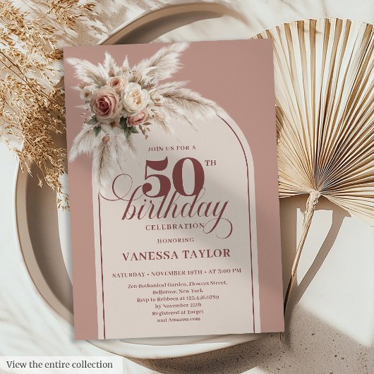 Verfijnde Boho Stof Roze Pampas Bloem 50ste Kaart
