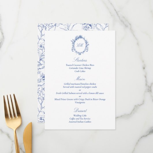 Verfijnde Botanische Blauwe Chinoiserie Bruiloft Menu (Voorkant / Achterkant in situ)