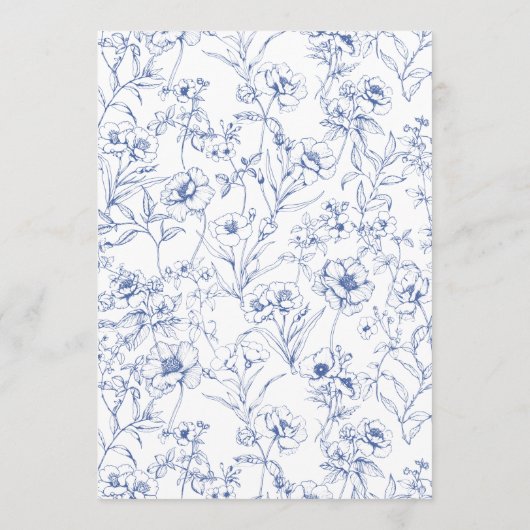 Verfijnde Botanische Blauwe Chinoiserie Bruiloft Menu (Achterkant)