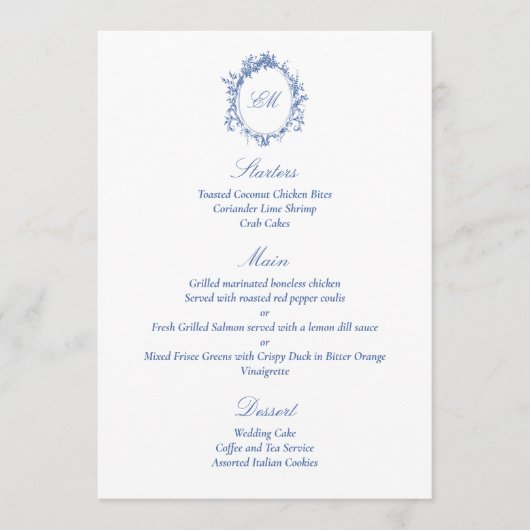 Verfijnde Botanische Blauwe Chinoiserie Bruiloft Menu (Voorkant)