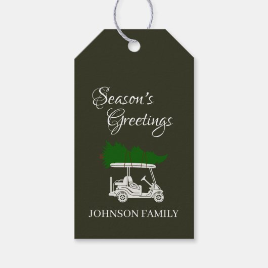 Verfijnde donkergroene golfkar met kerstboom cadeaulabel (Voorkant)