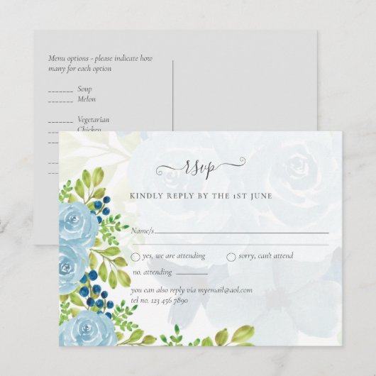Verfijnde DUSTY BLUE Bloemen Bruiloft Suite Briefkaart (Voorkant / Achterkant)