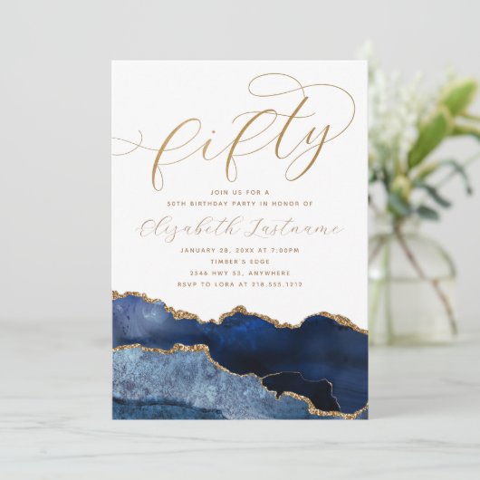 Verfijnde Elegant Goud Marine Blauw 50ste Verjaard Kaart (Staand voorkant)