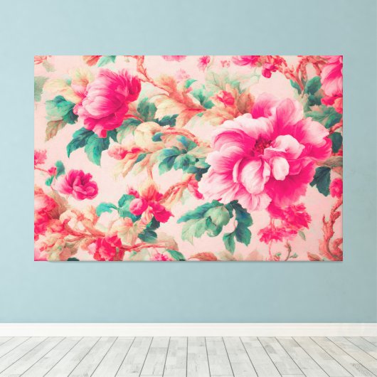 Verfijnde elegante heldere roze bloemen, weelderig canvas afdruk (Insitu (Houten vloer))