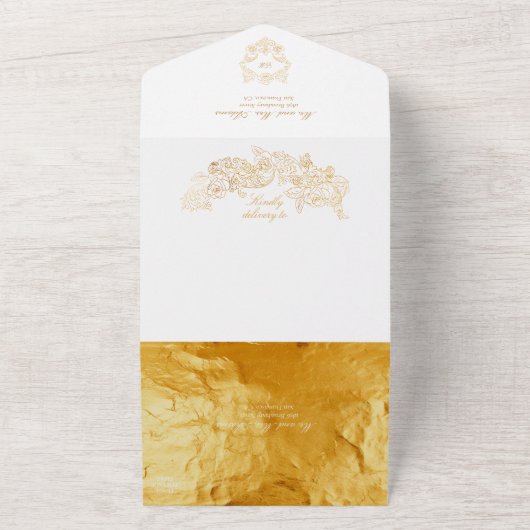 Verfijnde Faux Folie Script Goud Barok Bruiloft All In One Uitnodiging (Buitenkant)